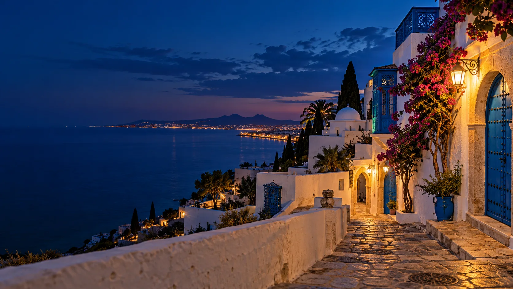 Village blanc et bleu d’inspiration à Sidi Bou Saïd, ruelle éclairée et horizon méditerranéen au crépuscule.