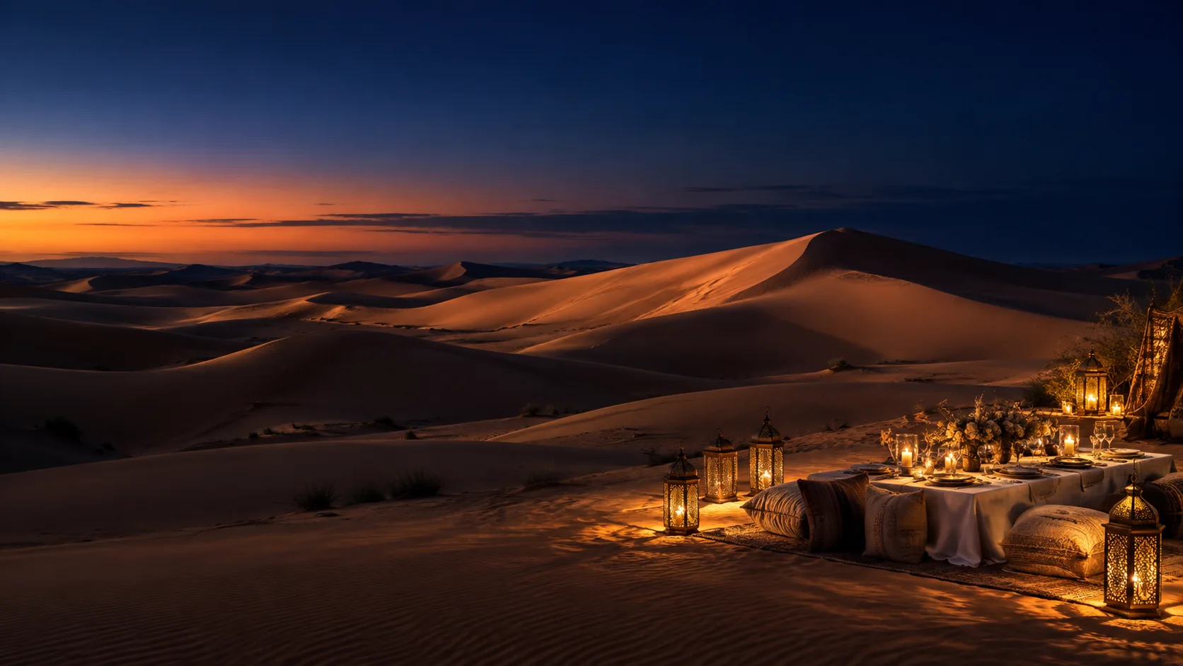 Dunes du Sahara au crépuscule et dîner d’inspiration éclairé par des lanternes.
