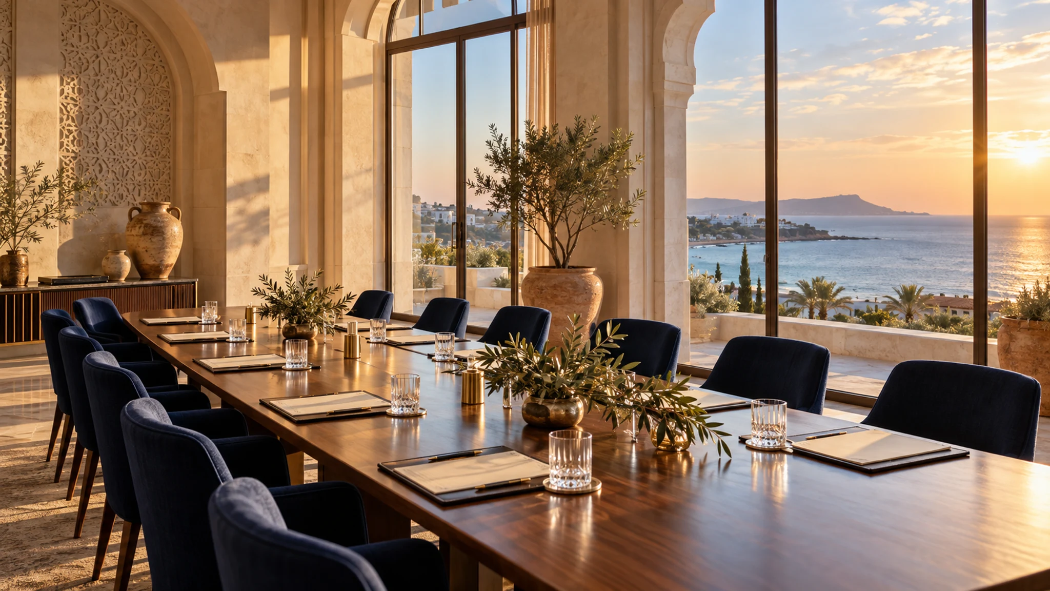 Salle de séminaire d’inspiration : table de travail soignée, pierre claire et lumière méditerranéenne.
